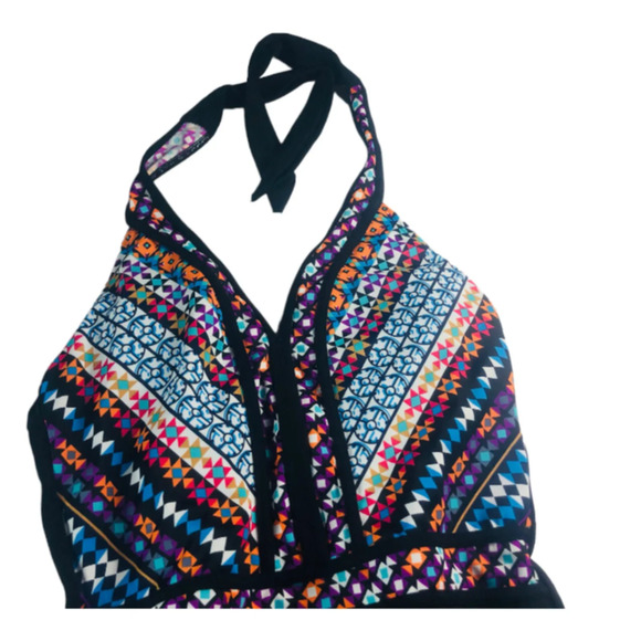 Womens Halter Tie One Piece Swimsuit Deep Neckline Tribal Multicolor Medium - Picture 2 of 5